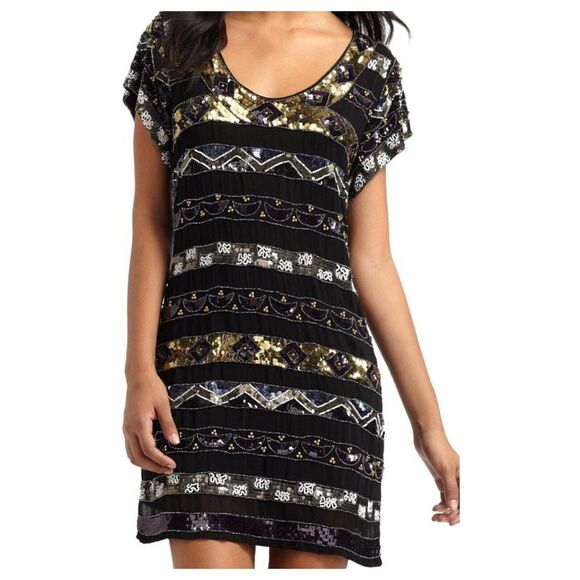 French Connection Women's Black Scoop Neck Beaded & Sequined Shift Dress Size 2 - Picture 2 of 15
